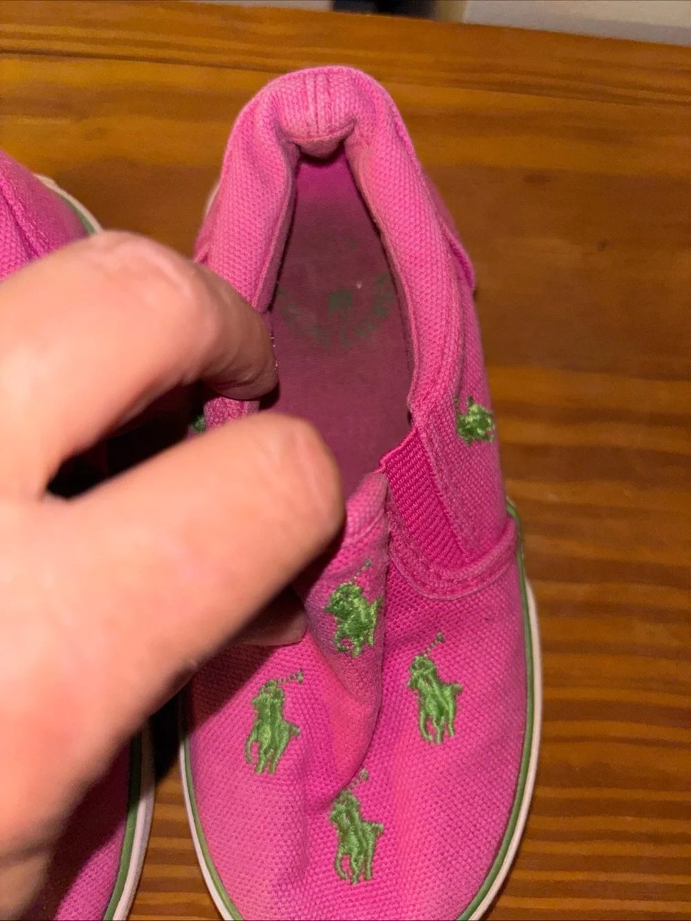 Polo by Ralph Lauren Girls Pink Slip-On Canvas Sneakers with Green size 8 1/2